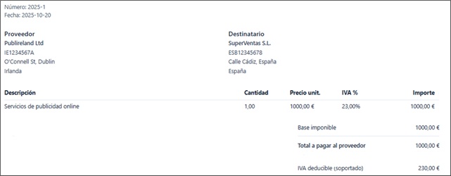 Factura con IVA irlands