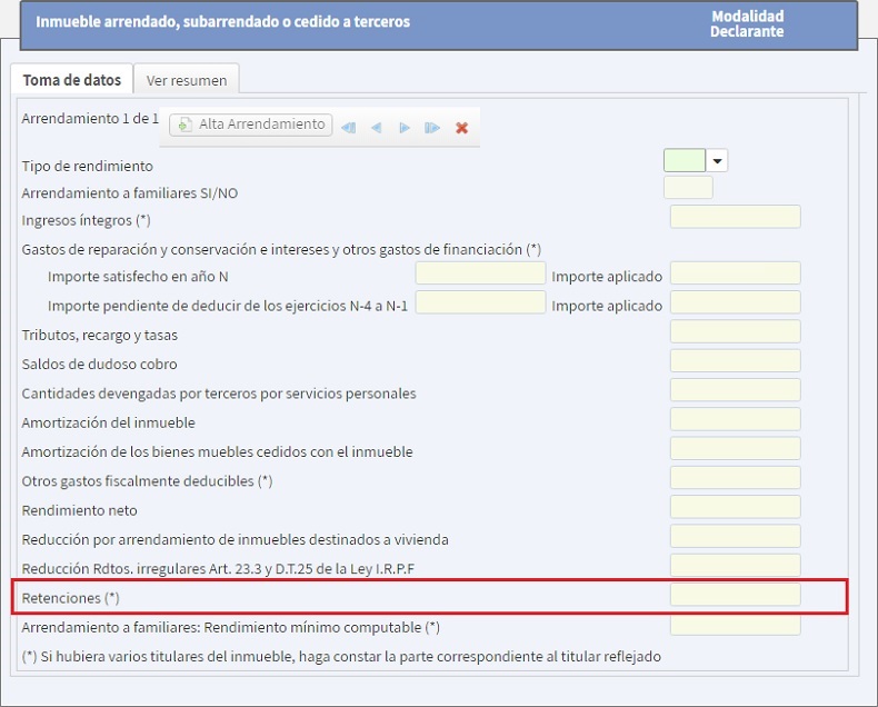 Rendimiento minimo computable arrendamiento familiares 2022